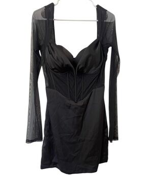 Oh Polly Black Long Sleeve Mesh Bodice Mini Dress